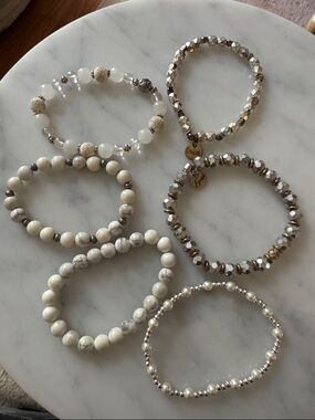 Neutral Beaded Stackable Bracelet Set — White and Silver Tones